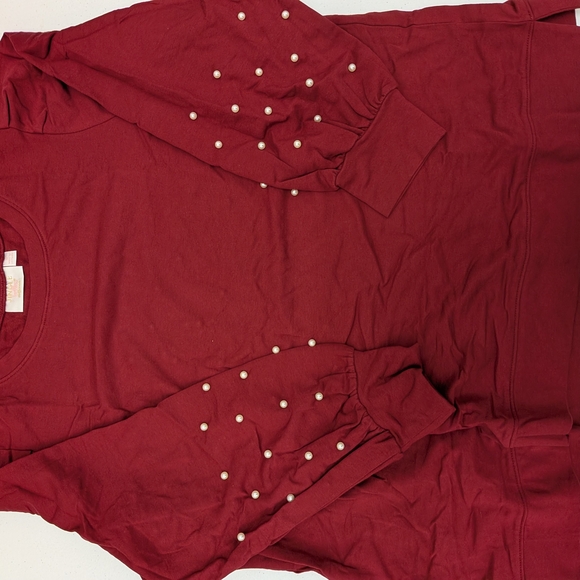 Women’s Pearl-Embellished Long Sleeve Top - Burgundy - Picture 5 of 7